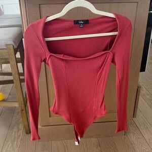 Lulu's Coral Ribbed Bodysuit